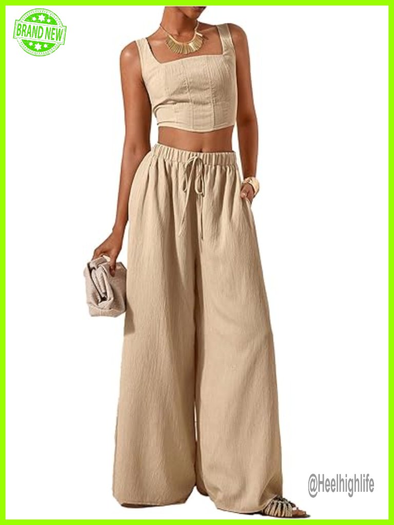Women's 2 Piece Linen Sets Cropped Tank Top Baggy Pants Matching Sets